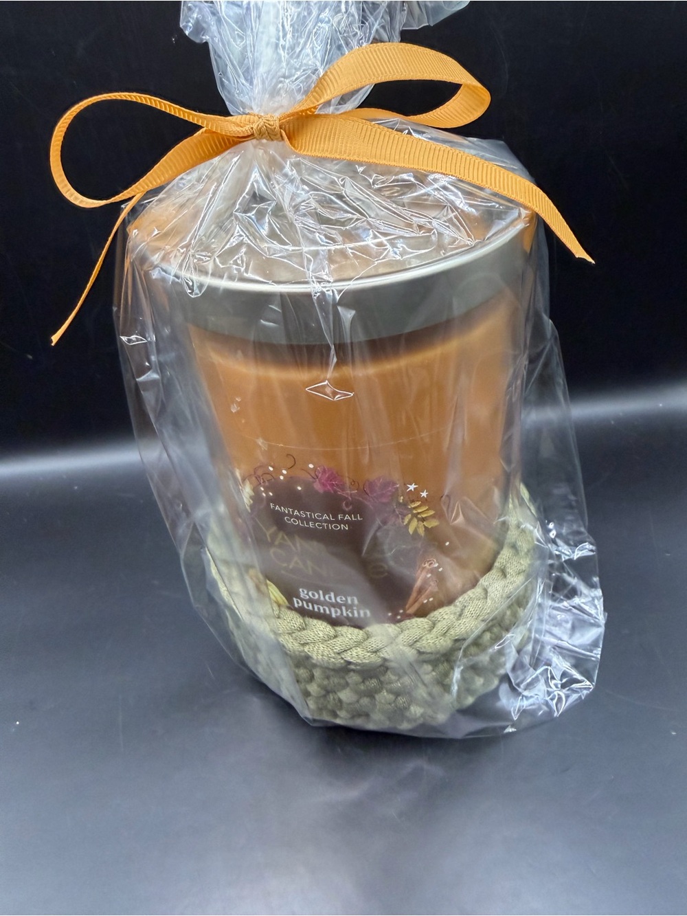Golden Pumpkin Fall Candle Gift Set with Handmade Crochet Cozy โ Ready to Gift